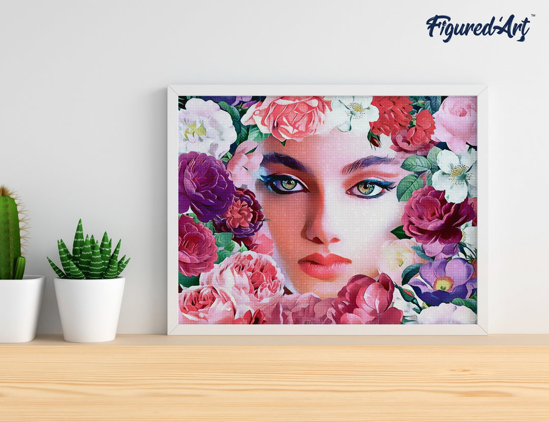Diamond Painting 40x50 gerollte Leinwand Figured’Art Gesicht und Blumen - Kidis Art