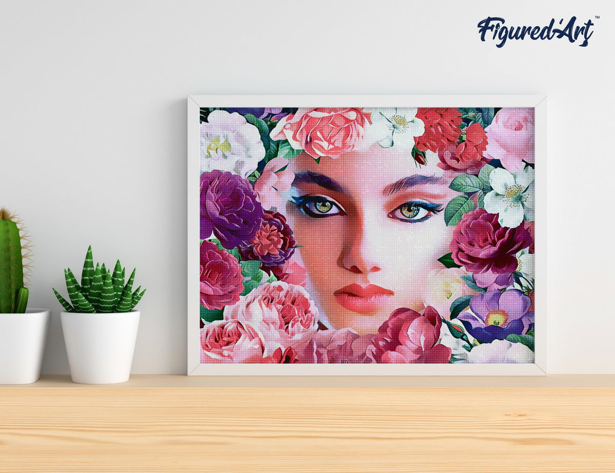 Diamond Painting 40x50 auf Keilrahmen gespannt Figured’Art Gesicht und Blumen - Kidis Art