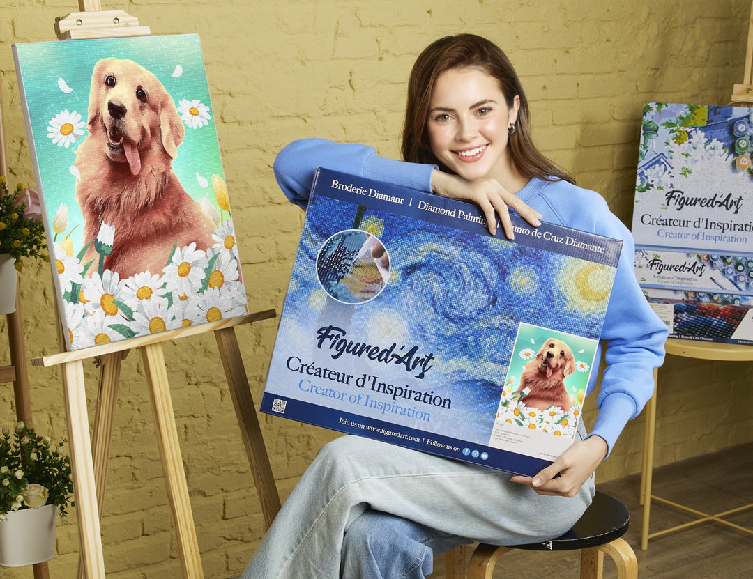 Diamond Painting 40x50 auf Keilrahmen gespannt Figured’Art Golden Retriever - Kidis Art