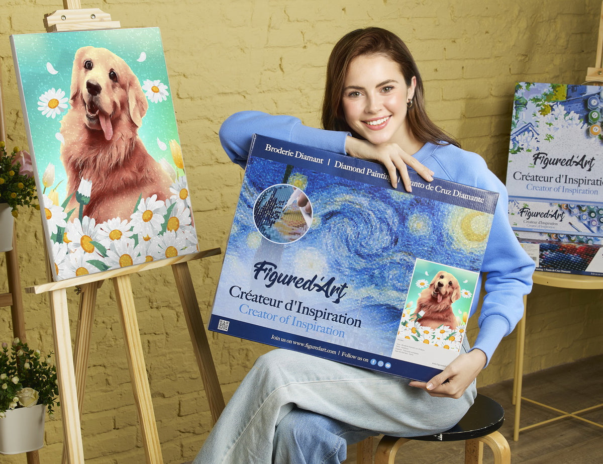 Diamond Painting 40x50 auf Keilrahmen gespannt Figured’Art Golden Retriever - Kidis Art