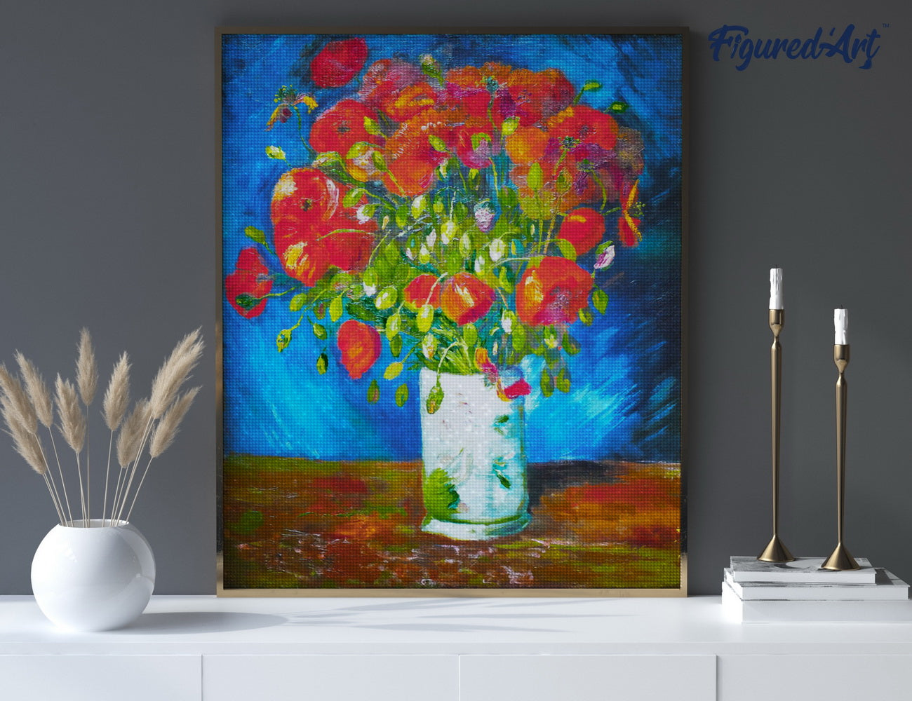 Diamond Painting 40x50 gerollte Leinwand Figured’Art Vase mit rotem Klatschmohn – Van Gogh - Kidis Art