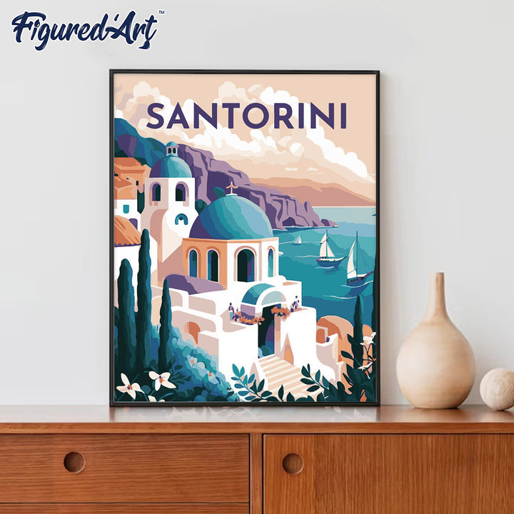 Diamond Painting 40x50 gerollte Leinwand Figured’Art Reiseplakat Santorini - Kidis Art