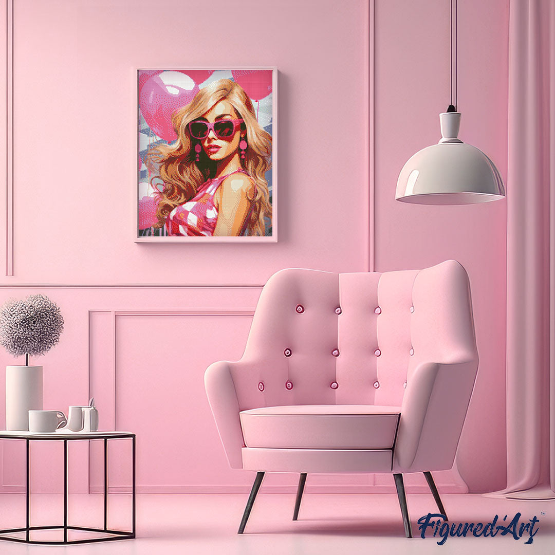 Diamond Painting 40x50 auf Keilrahmen gespannt Figured’Art Rosa Ballons und die Diva – 40 x 50 cm auf Keilrahmen gespannt - Kidis Art