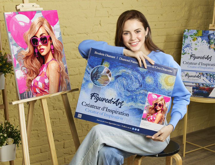 Diamond Painting 40x50 auf Keilrahmen gespannt Figured’Art Rosa Ballons und die Diva – 40 x 50 cm auf Keilrahmen gespannt - Kidis Art