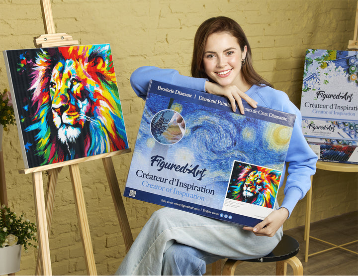 Diamond Painting 40x50 auf Keilrahmen gespannt Figured’Art Löwe Farbenfroh Abstrakt - Kidis Art