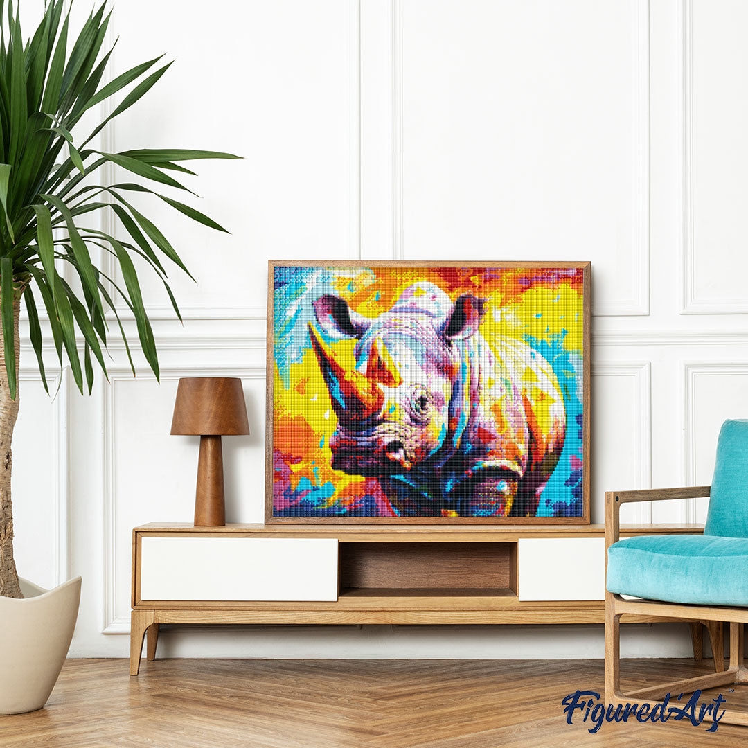 Diamond Painting 40x50 auf Keilrahmen gespannt Figured’Art Nashorn Farbenfroh Abstrakt - Kidis Art