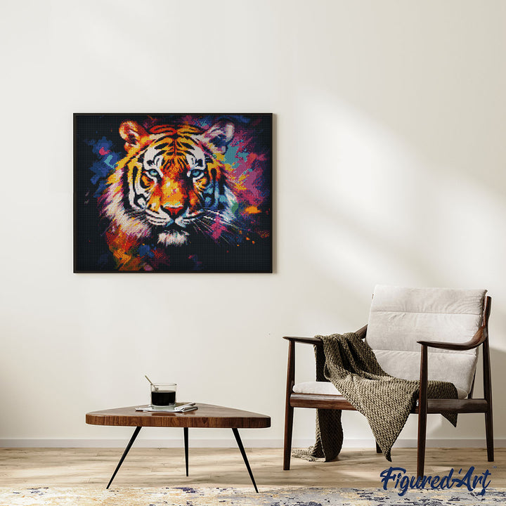 Diamond Painting 40x50 auf Keilrahmen gespannt Figured’Art Tiger Farbenfroh Abstrakt - Kidis Art