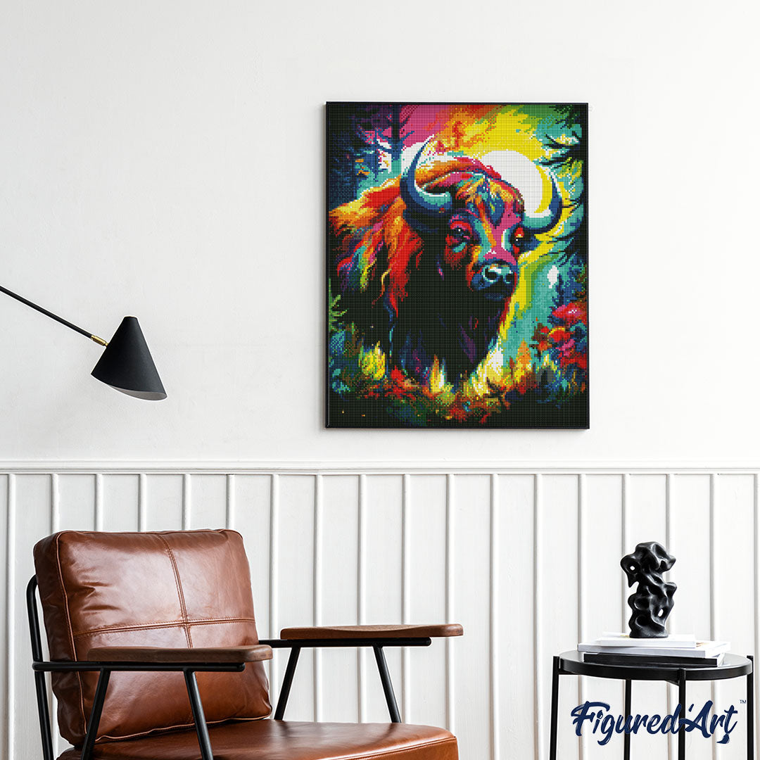 Diamond Painting 40x50 auf Keilrahmen gespannt Figured’Art Bison Farbenfroh Abstrakt - Kidis Art