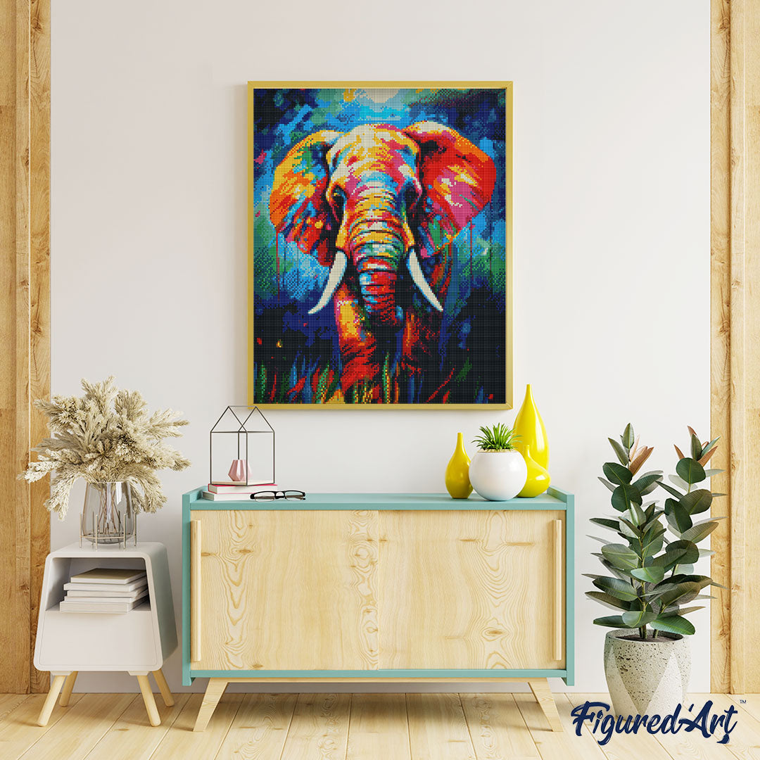 Diamond Painting 40x50 auf Keilrahmen gespannt Figured’Art Elefant Farbenfroh Abstrakt - Kidis Art