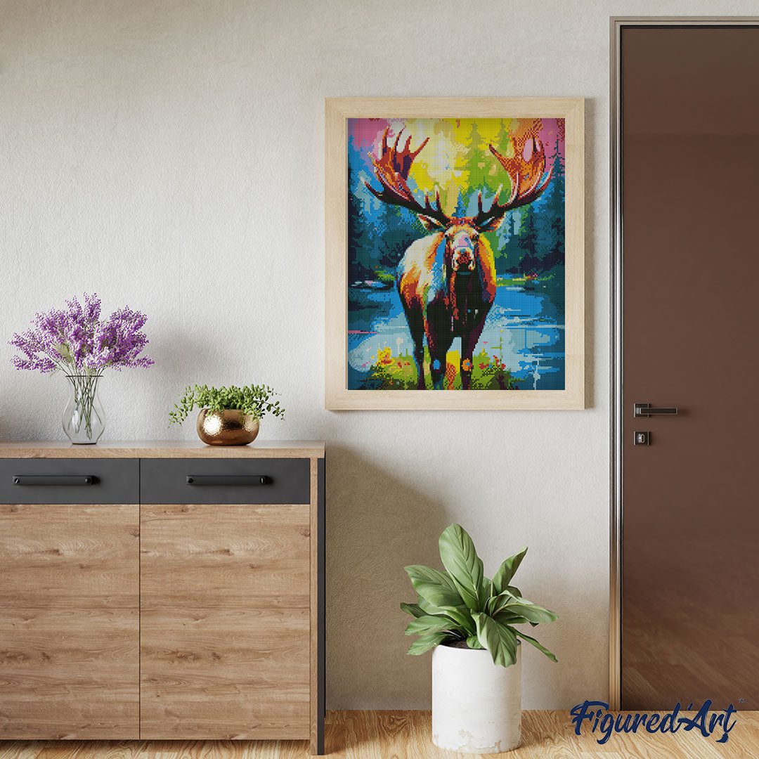 Diamond Painting 40x50 gerollte Leinwand Figured’Art Elch Farbenfroh Abstrakt - Kidis Art