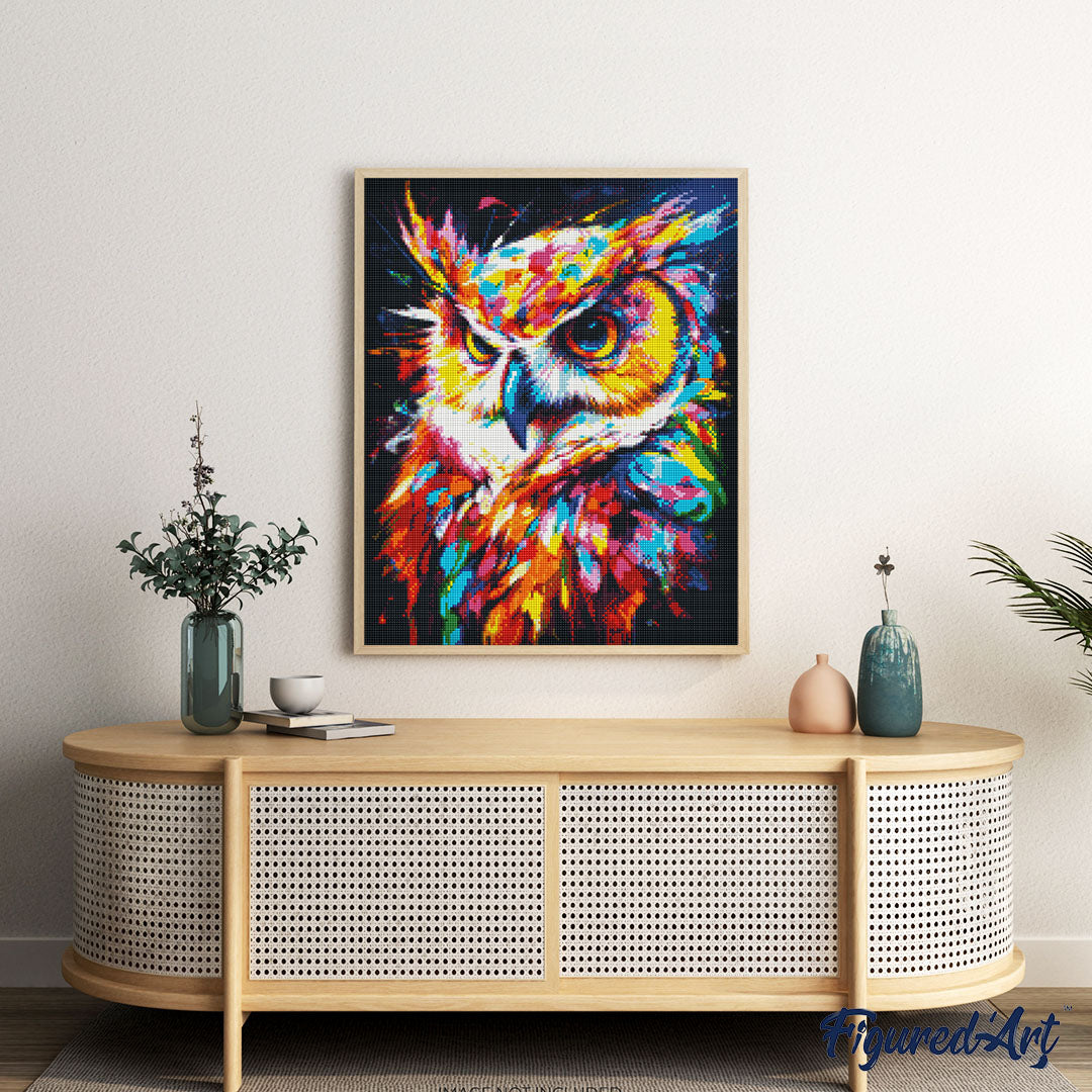 Diamond Painting 40x50 auf Keilrahmen gespannt Figured’Art Eule Farbenfroh Abstrakt - Kidis Art