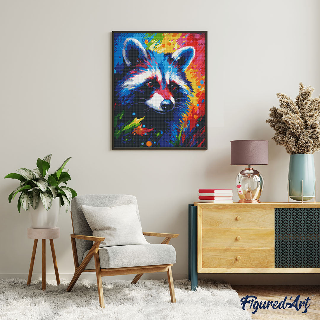 Diamond Painting 40x50 auf Keilrahmen gespannt Figured’Art Waschbär Farbenfroh Abstrakt - Kidis Art