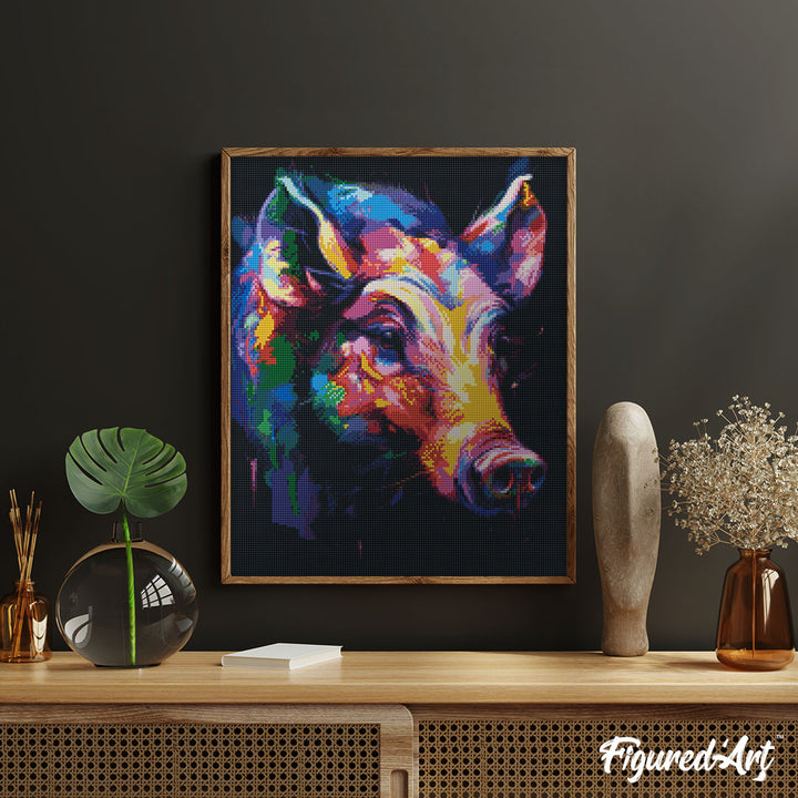 Diamond Painting 40x50 auf Keilrahmen gespannt Figured’Art Wildschwein Farbenfroh Abstrakt - Kidis Art