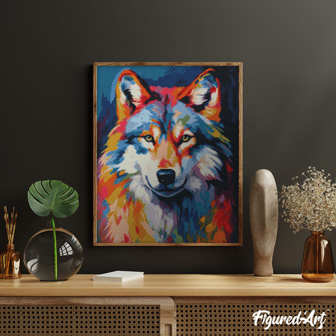 Diamond Painting 40x50 auf Keilrahmen gespannt Figured’Art Wolf Farbenfroh Abstrakt - Kidis Art
