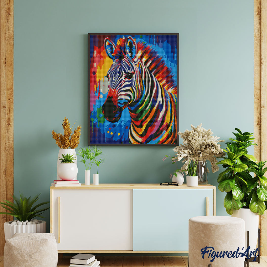 Diamond Painting 40x50 auf Keilrahmen gespannt Figured’Art Zebra Farbenfroh Abstrakt - Kidis Art