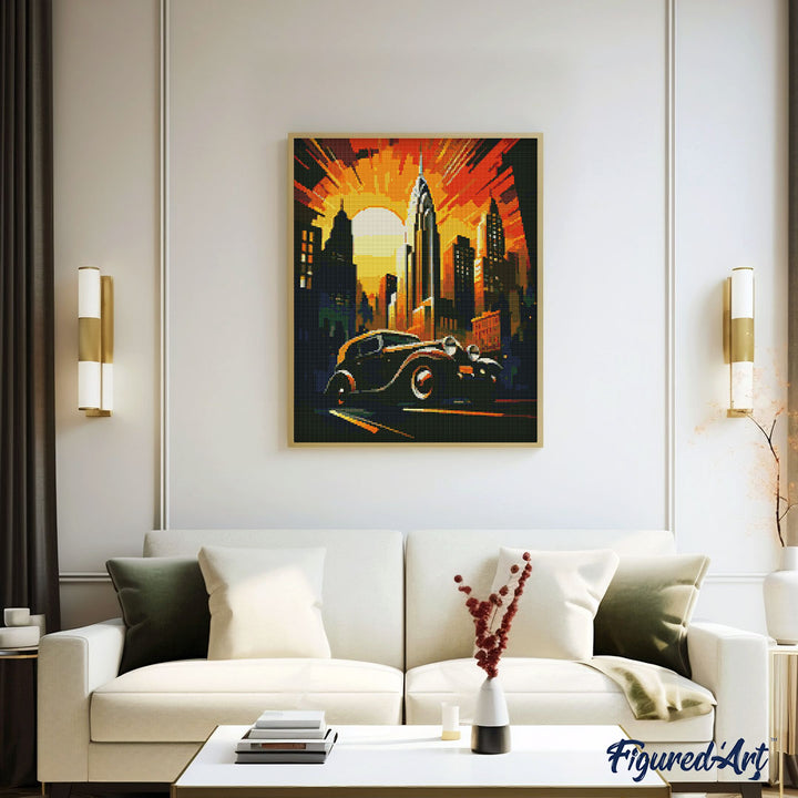 Diamond Painting 40x50 auf Keilrahmen gespannt Figured’Art Art-Déco-Auto in New York - Kidis Art