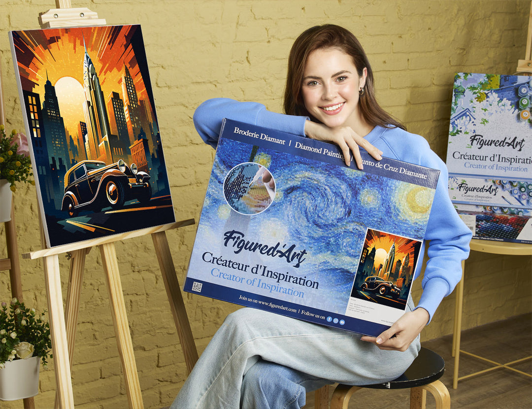 Diamond Painting 40x50 auf Keilrahmen gespannt Figured’Art Art-Déco-Auto in New York - Kidis Art