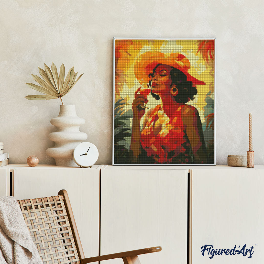 Diamond Painting 40x50 auf Keilrahmen gespannt Figured’Art Frau trinkt ein Glas Art Déco - Kidis Art
