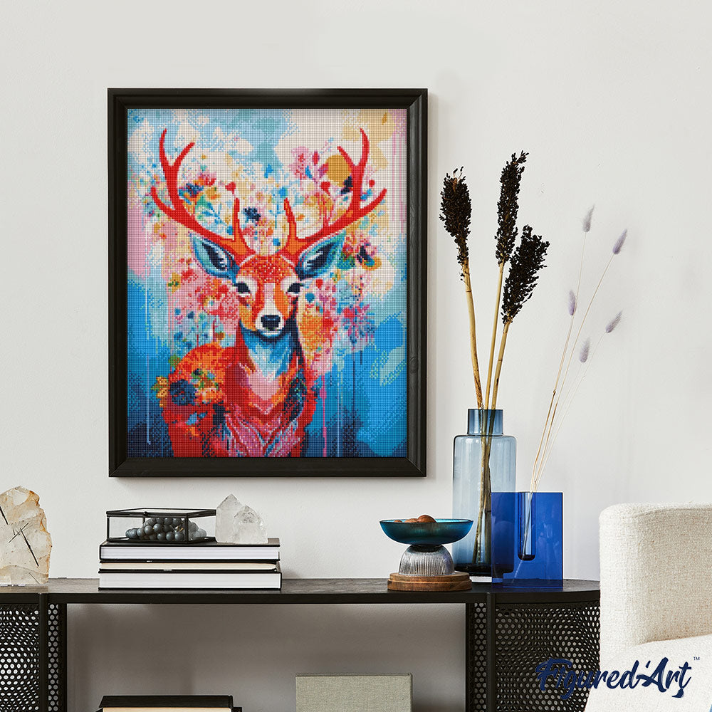 Diamond Painting 40x50 auf Keilrahmen gespannt Figured’Art Bunter Hirsch in voller Blüte - Kidis Art