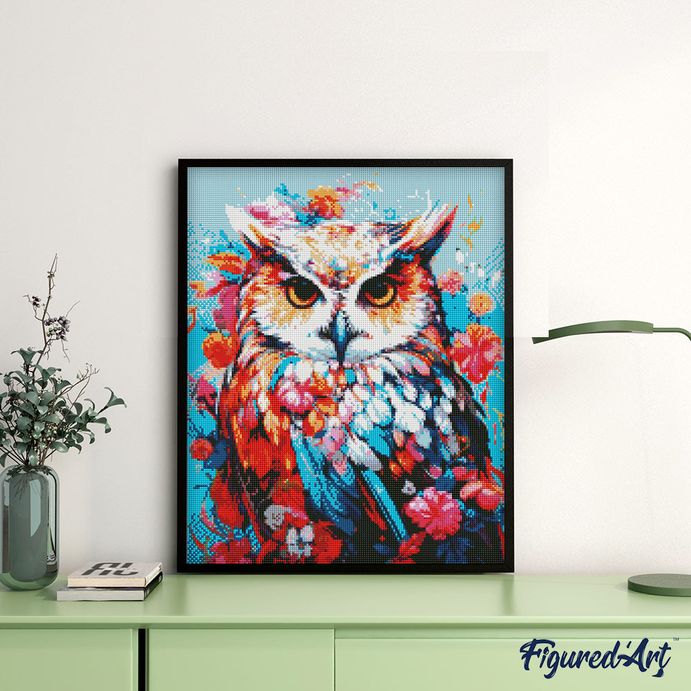 Diamond Painting 40x50 auf Keilrahmen gespannt Figured’Art Bunte Eule in voller Blüte - Kidis Art