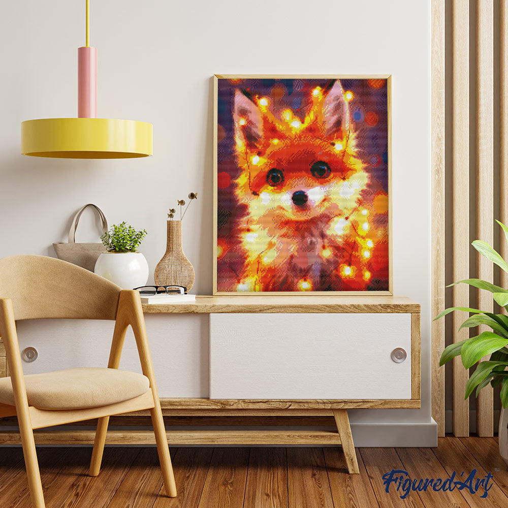 Diamond Painting 40x50 auf Keilrahmen gespannt Figured’Art Kleiner Fuchs mit Glühbirnen - Kidis Art