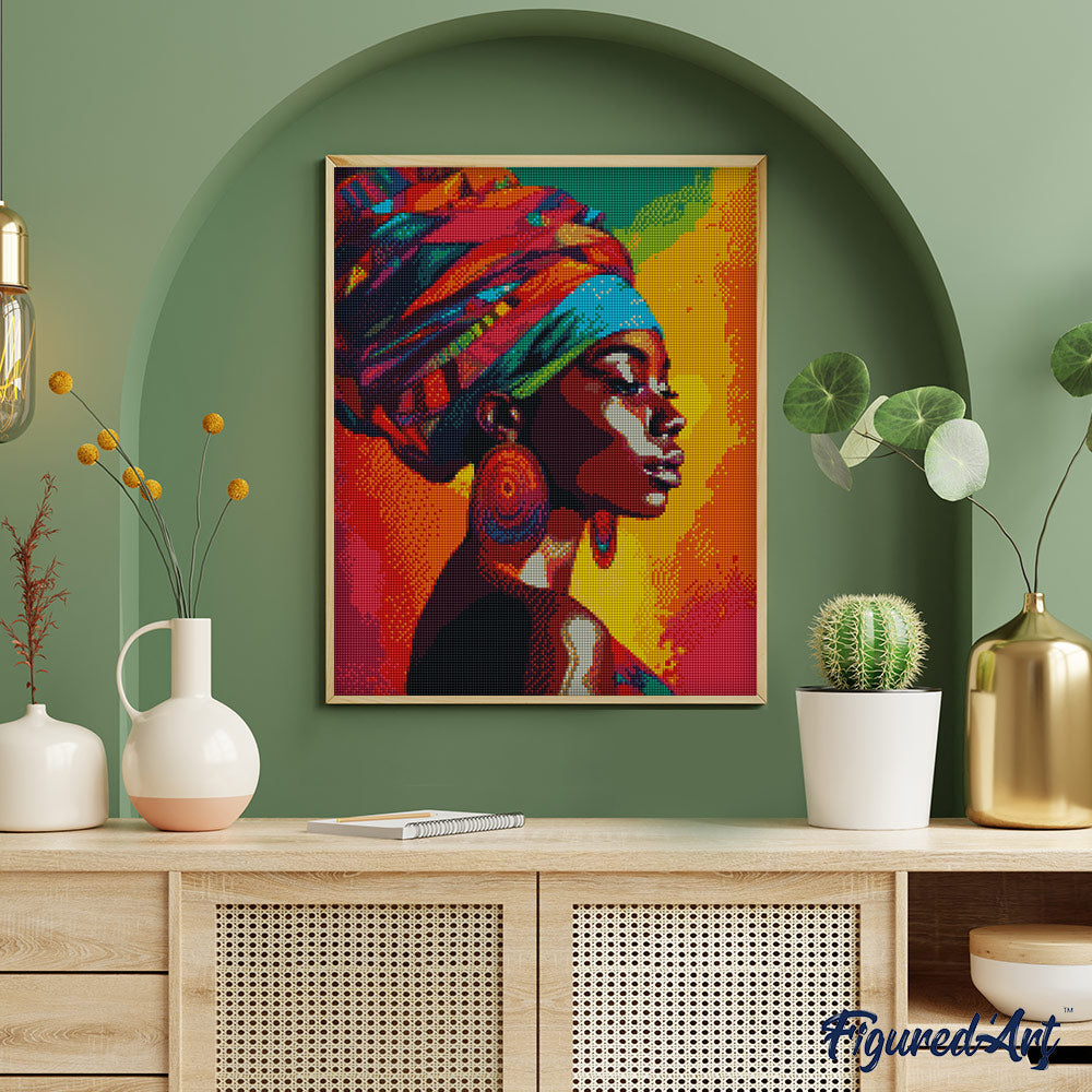 Diamond Painting 40x50 auf Keilrahmen gespannt Figured’Art Lebhafte Afrikanische Dame - Kidis Art