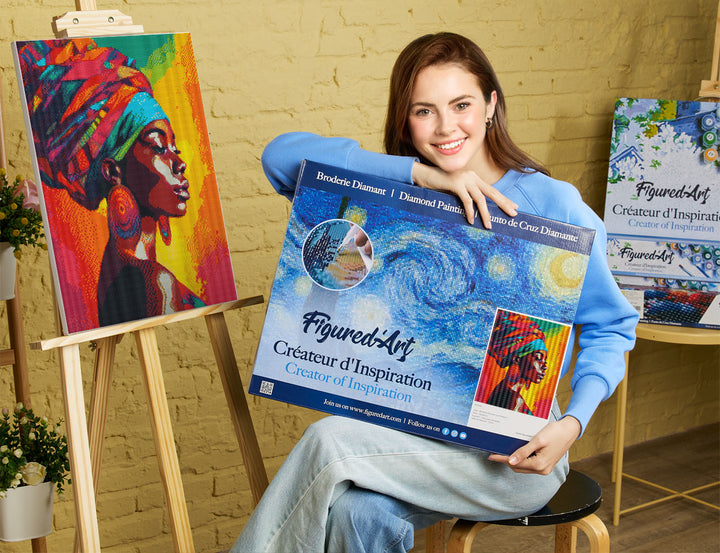 Diamond Painting 40x50 auf Keilrahmen gespannt Figured’Art Lebhafte Afrikanische Dame - Kidis Art