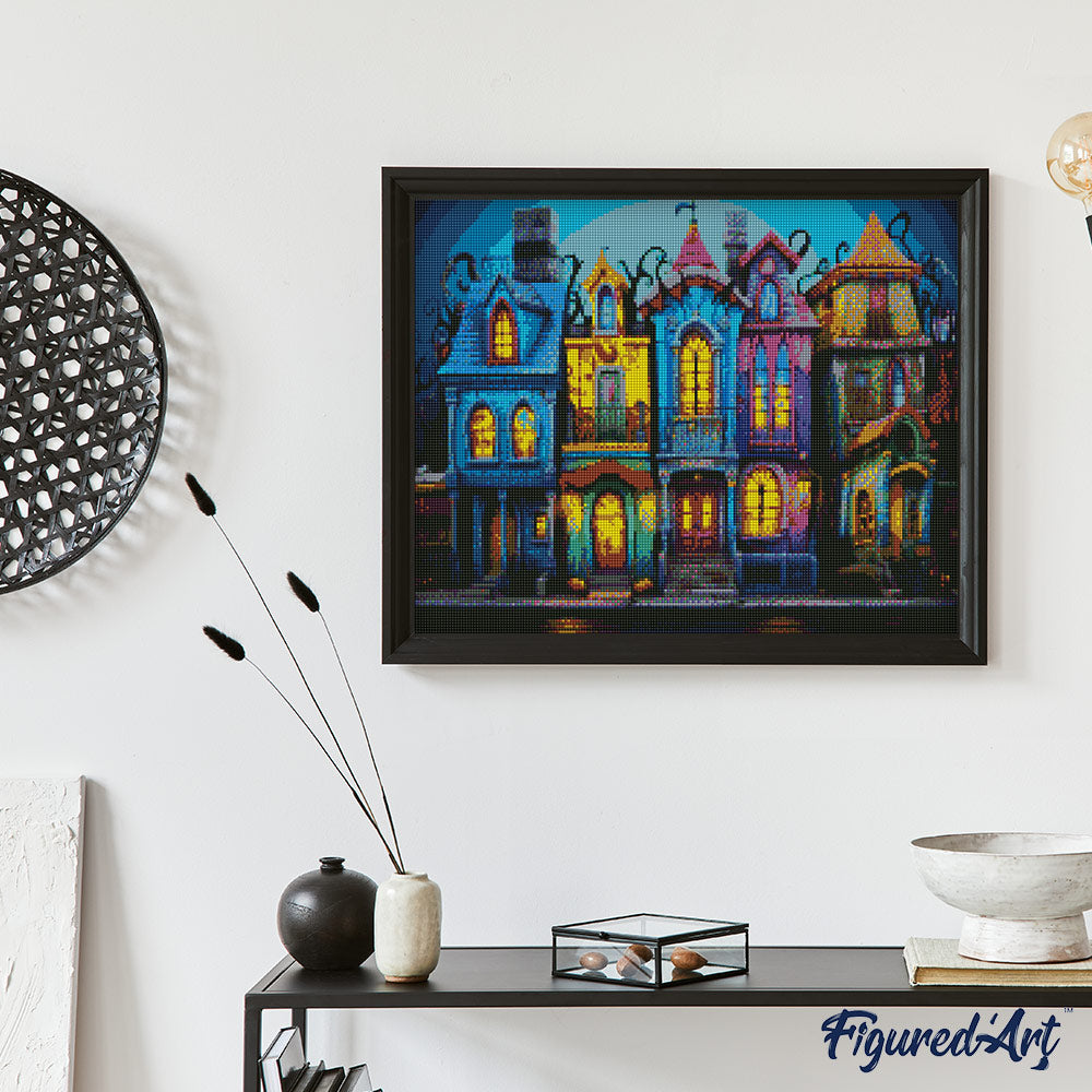 Diamond Painting 40x50 gerollte Leinwand Figured’Art Bunte Gotische Häuser - Kidis Art