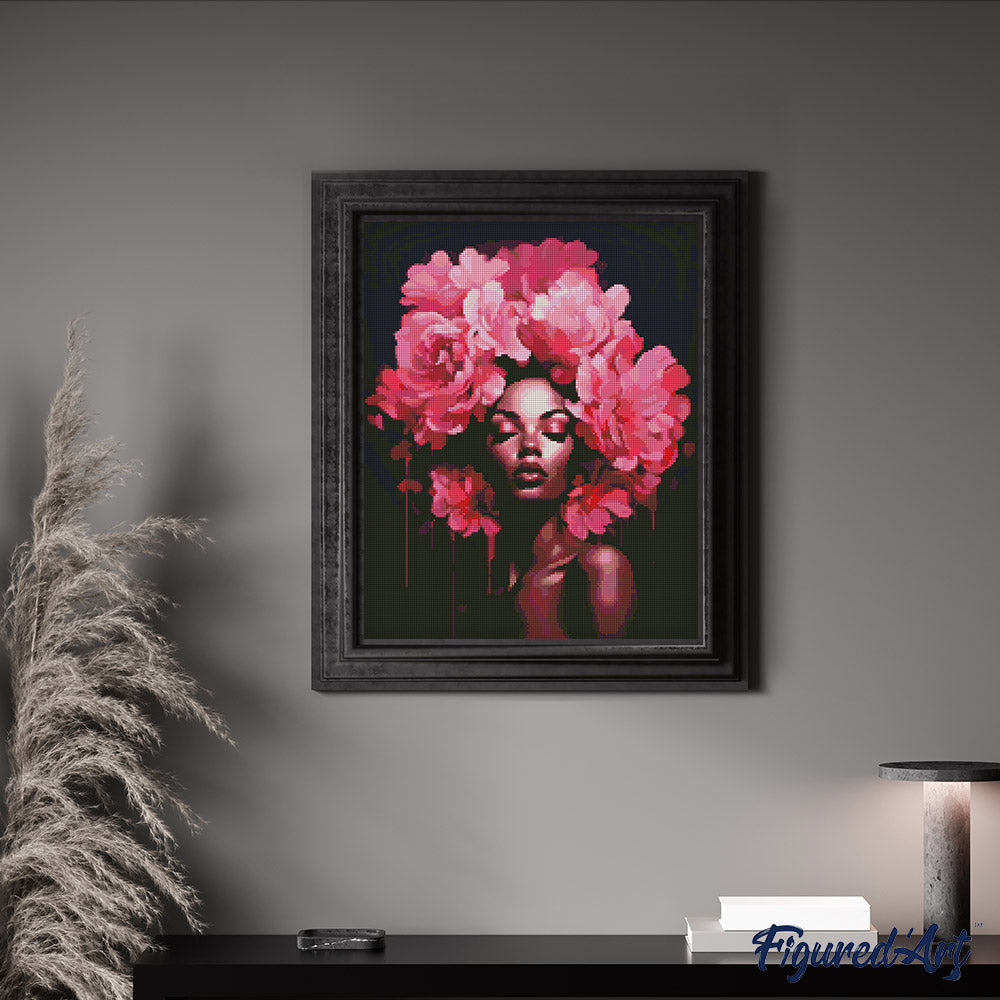 Diamond Painting 40x50 gerollte Leinwand Figured’Art Frau mit Pfingstrosenhaaren - Kidis Art