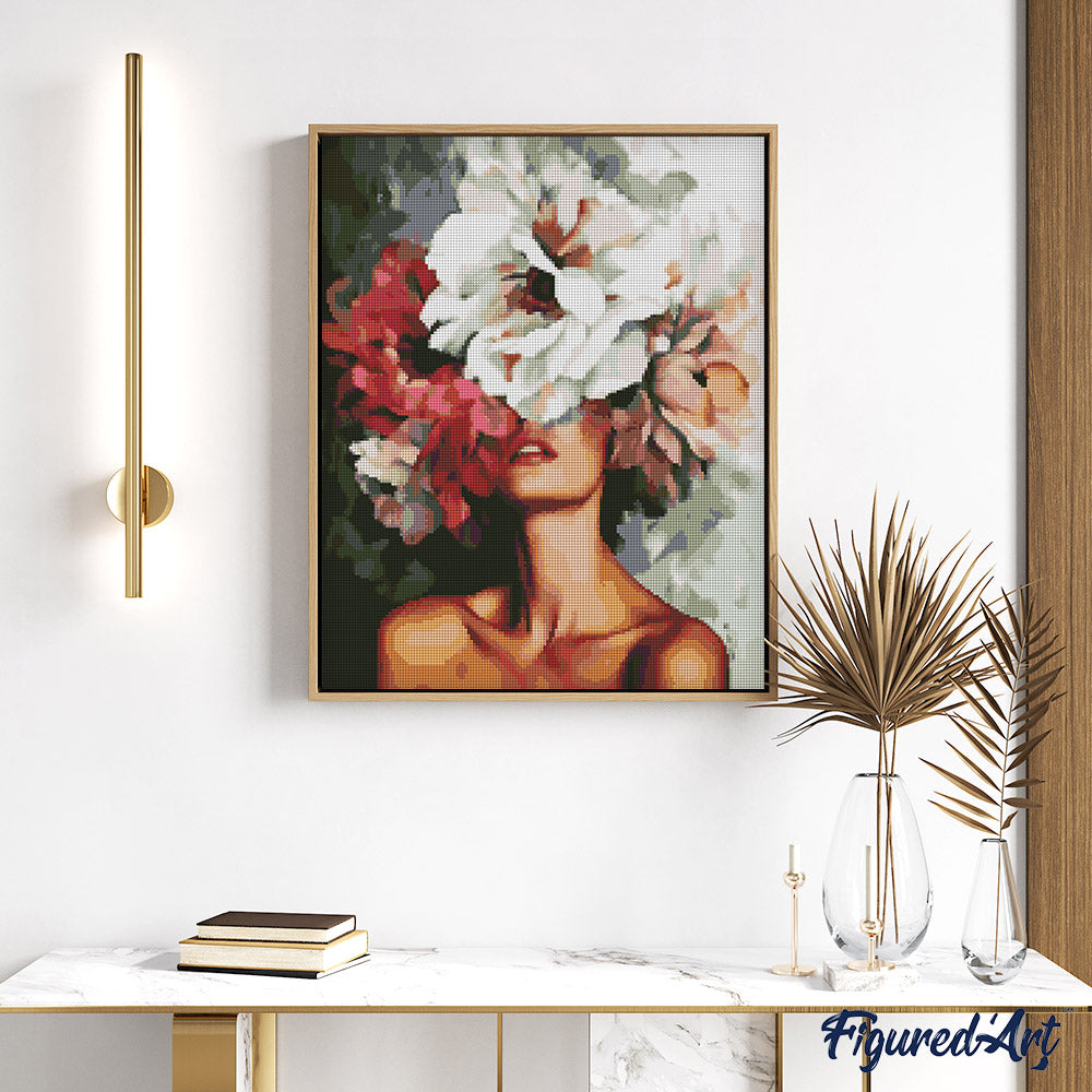 Diamond Painting 40x50 gerollte Leinwand Figured’Art Schönheit hinter Blumen - Kidis Art
