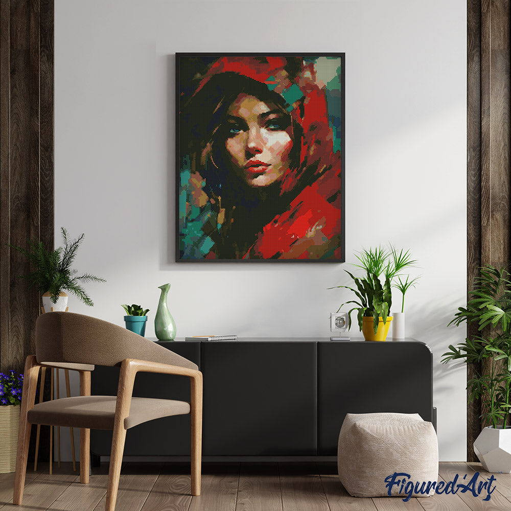 Diamond Painting 40x50 auf Keilrahmen gespannt Figured’Art Frau mit rotem Kopftuch - Kidis Art