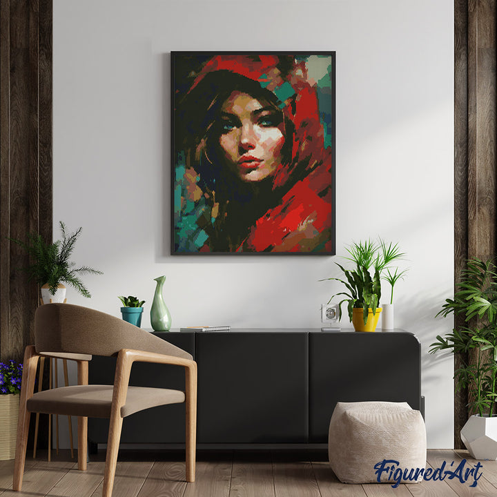 Diamond Painting 40x50 auf Keilrahmen gespannt Figured’Art Frau mit rotem Kopftuch - Kidis Art