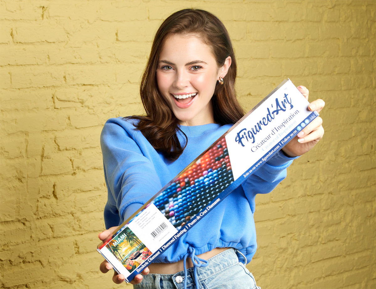 Diamond Painting 40x50 gerollte Leinwand Figured’Art Reiseposter Miami Sonnenuntergang - Kidis Art