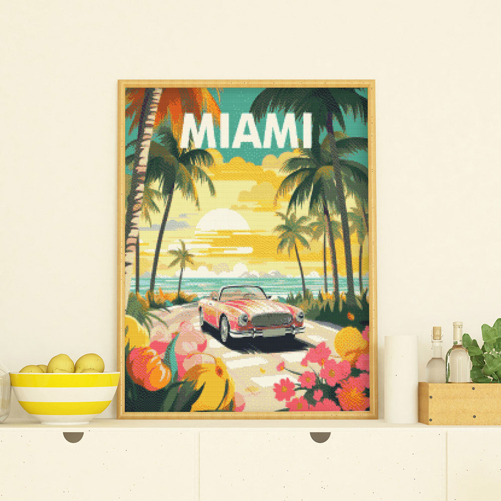 Diamond Painting 40x50 gerollte Leinwand Figured’Art Reiseposter Miami Sonnenuntergang - Kidis Art