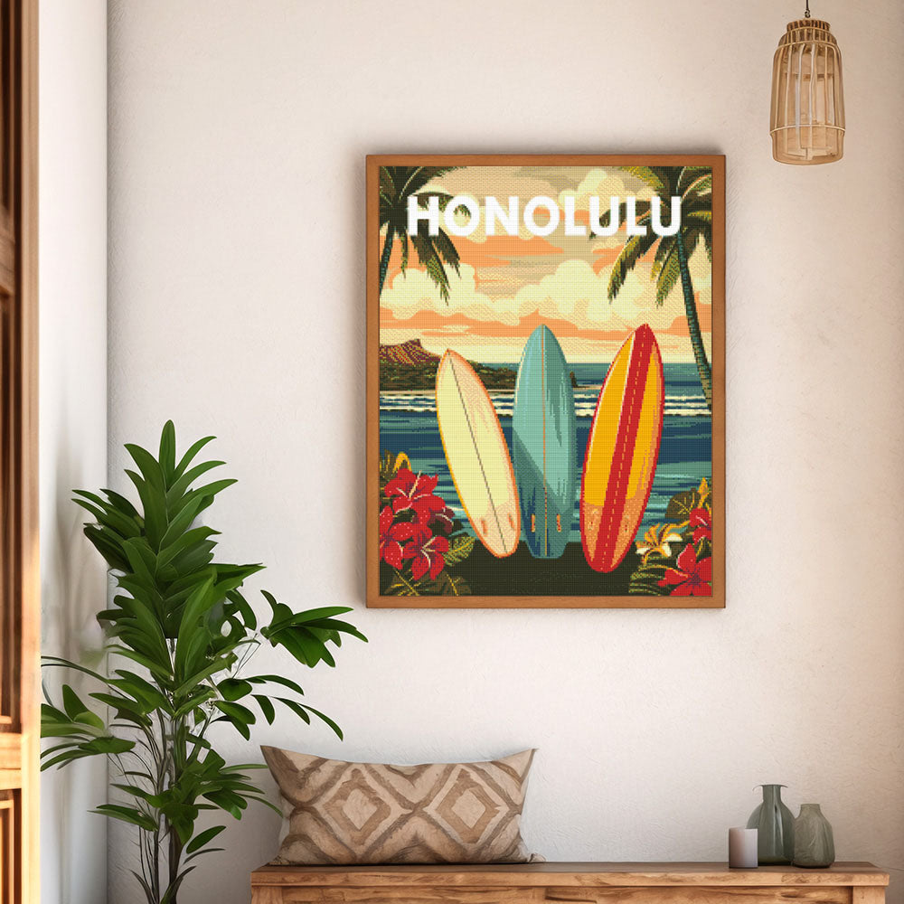 Diamond Painting 40x50 gerollte Leinwand Figured’Art Reiseposter Honolulu - Kidis Art