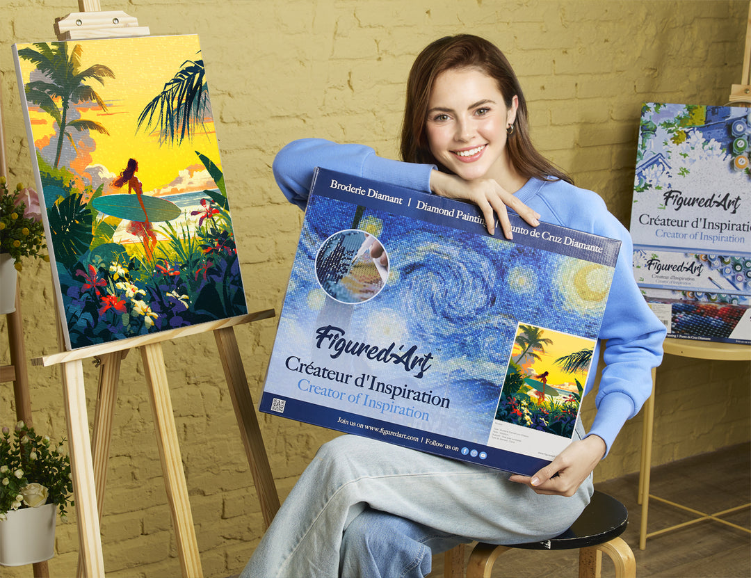 Diamond Painting 40x50 auf Keilrahmen gespannt Figured’Art Surfer bei Sonnenuntergang - Kidis Art