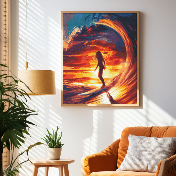 Diamond Painting 40x50 auf Keilrahmen gespannt Figured’Art Surfmädchen und die grosse Welle - Kidis Art