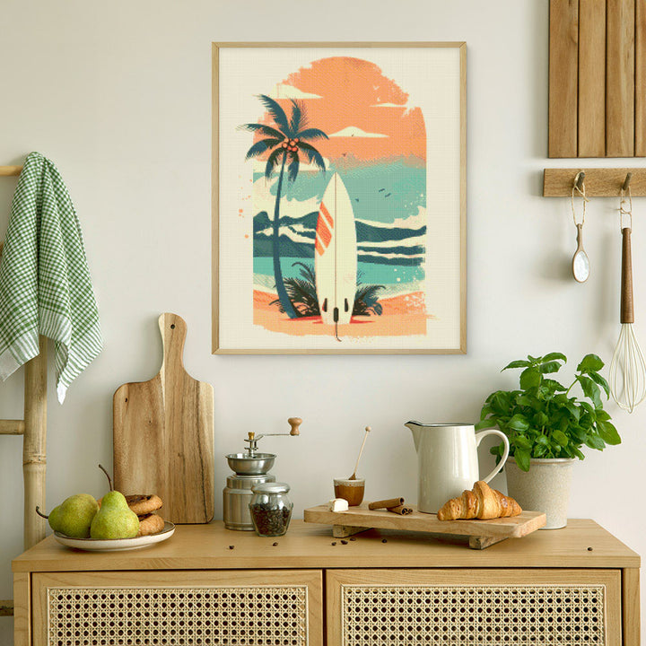 Diamond Painting 40x50 auf Keilrahmen gespannt Figured’Art Surfbrett am Strand - Kidis Art