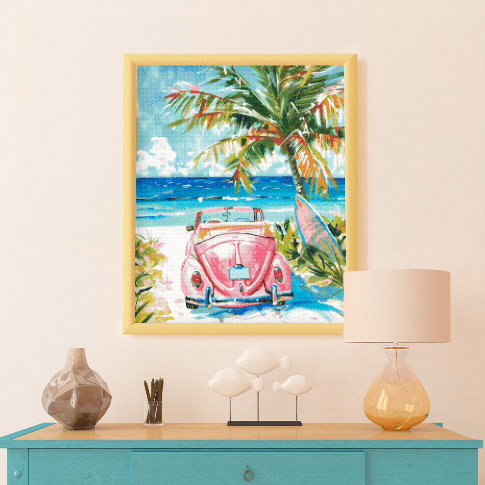Diamond Painting 40x50 auf Keilrahmen gespannt Figured’Art Rosa Auto am Meer - Kidis Art