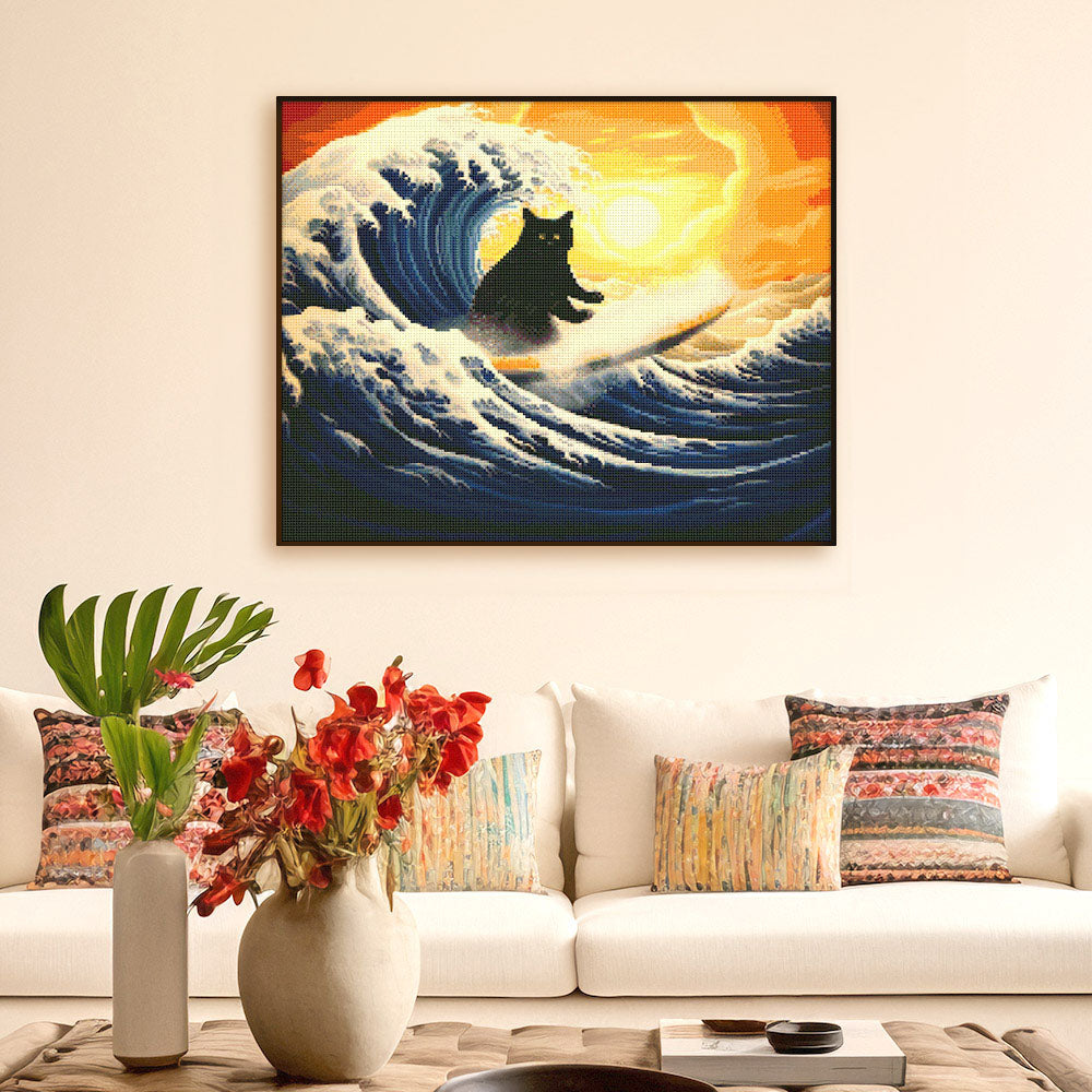 Diamond Painting 40x50 gerollte Leinwand Figured’Art Die grosse Welle der schwarzen Katze - Kidis Art