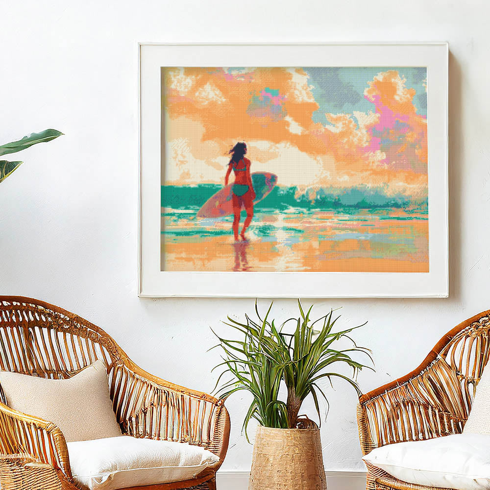 Diamond Painting 40x50 gerollte Leinwand Figured’Art Surfmädchen im Morgengrauen - Kidis Art