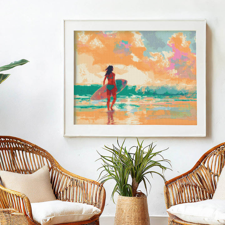 Diamond Painting 40x50 gerollte Leinwand Figured’Art Surfmädchen im Morgengrauen - Kidis Art