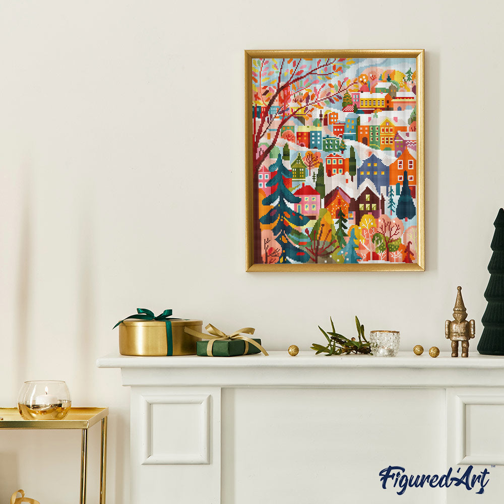 Diamond Painting 40x50 gerollte Leinwand Figured’Art Buntes Winterdorf - Kidis Art