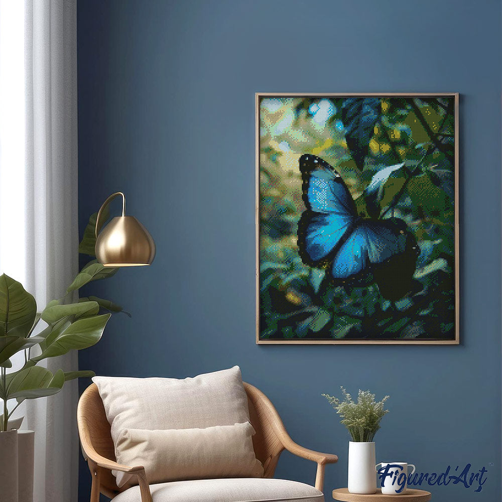 Diamond Painting 40x50 auf Keilrahmen gespannt Figured’Art Blauer Morpho-Schmetterling - Kidis Art