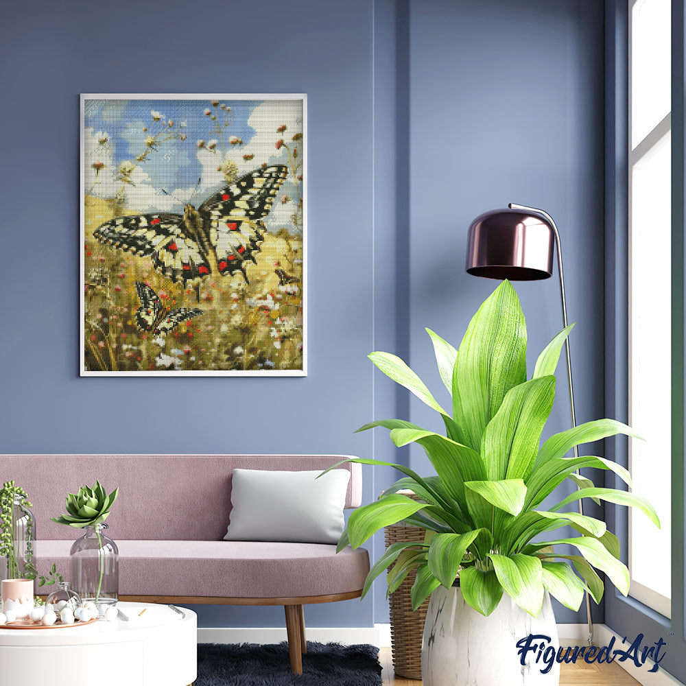 Diamond Painting 40x50 gerollte Leinwand Figured’Art Proserpine-Schmetterling und Feldblumen - Kidis Art
