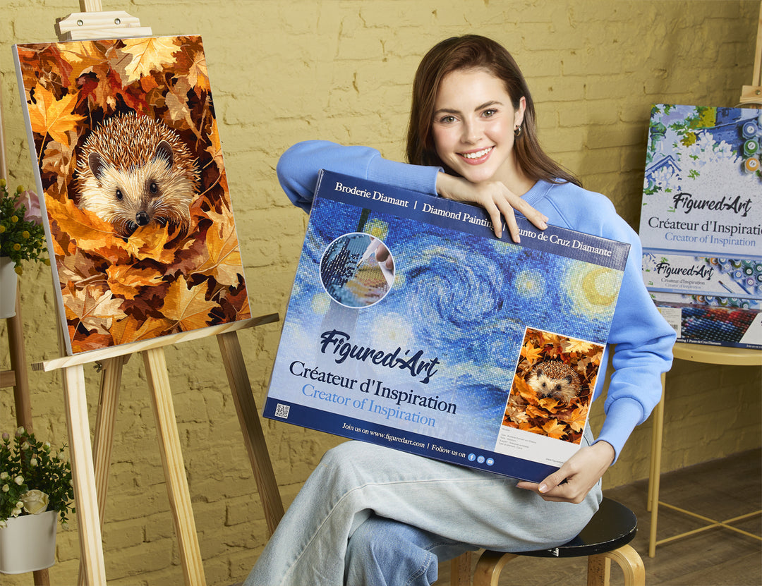 Diamond Painting 40x50 auf Keilrahmen gespannt Figured’Art Igel im Herbstlaub - Kidis Art