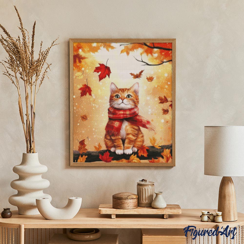 Diamond Painting 40x50 auf Keilrahmen gespannt Figured’Art Kuschelige Katze im Herbst - Kidis Art