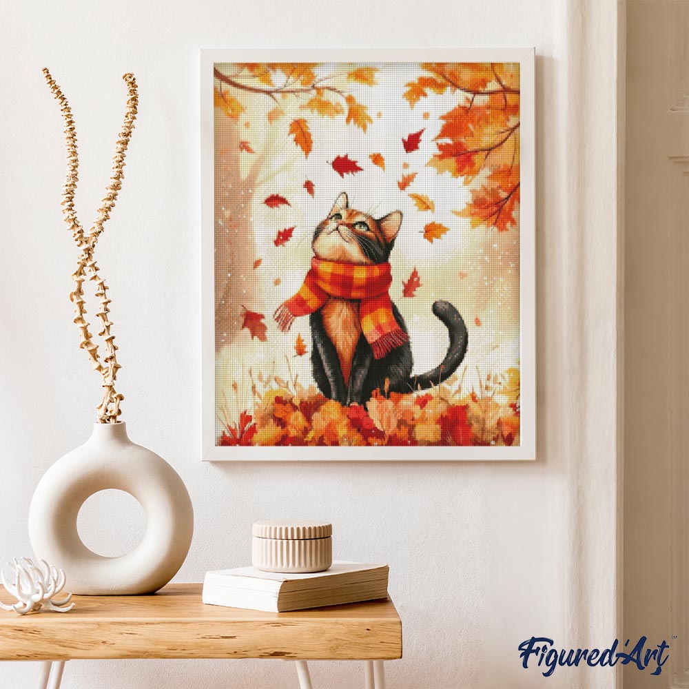 Diamond Painting 40x50 auf Keilrahmen gespannt Figured’Art Verspielte Katze im Herbst - Kidis Art