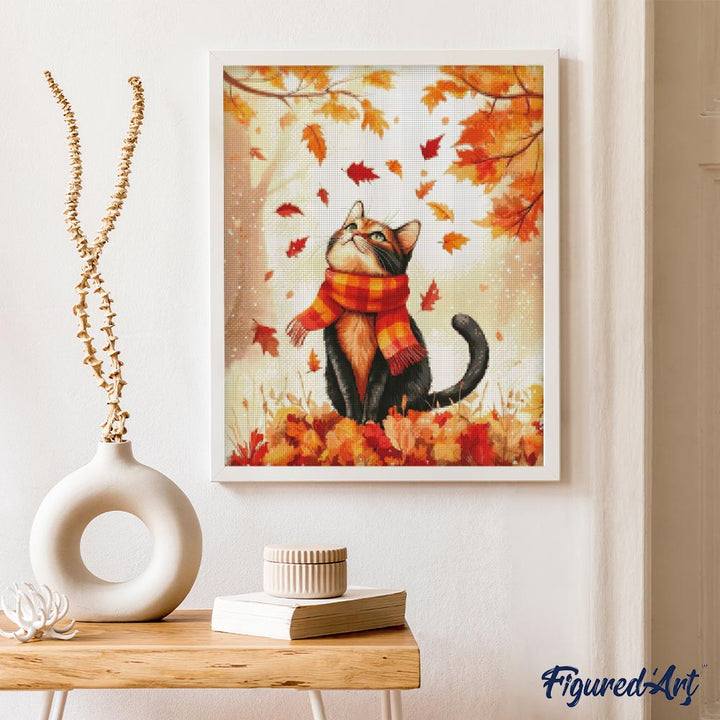 Diamond Painting 40x50 auf Keilrahmen gespannt Figured’Art Verspielte Katze im Herbst - Kidis Art