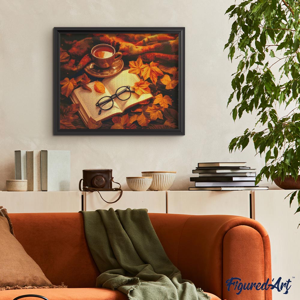 Diamond Painting 40x50 auf Keilrahmen gespannt Figured’Art Tee und Buch im Herbst - Kidis Art